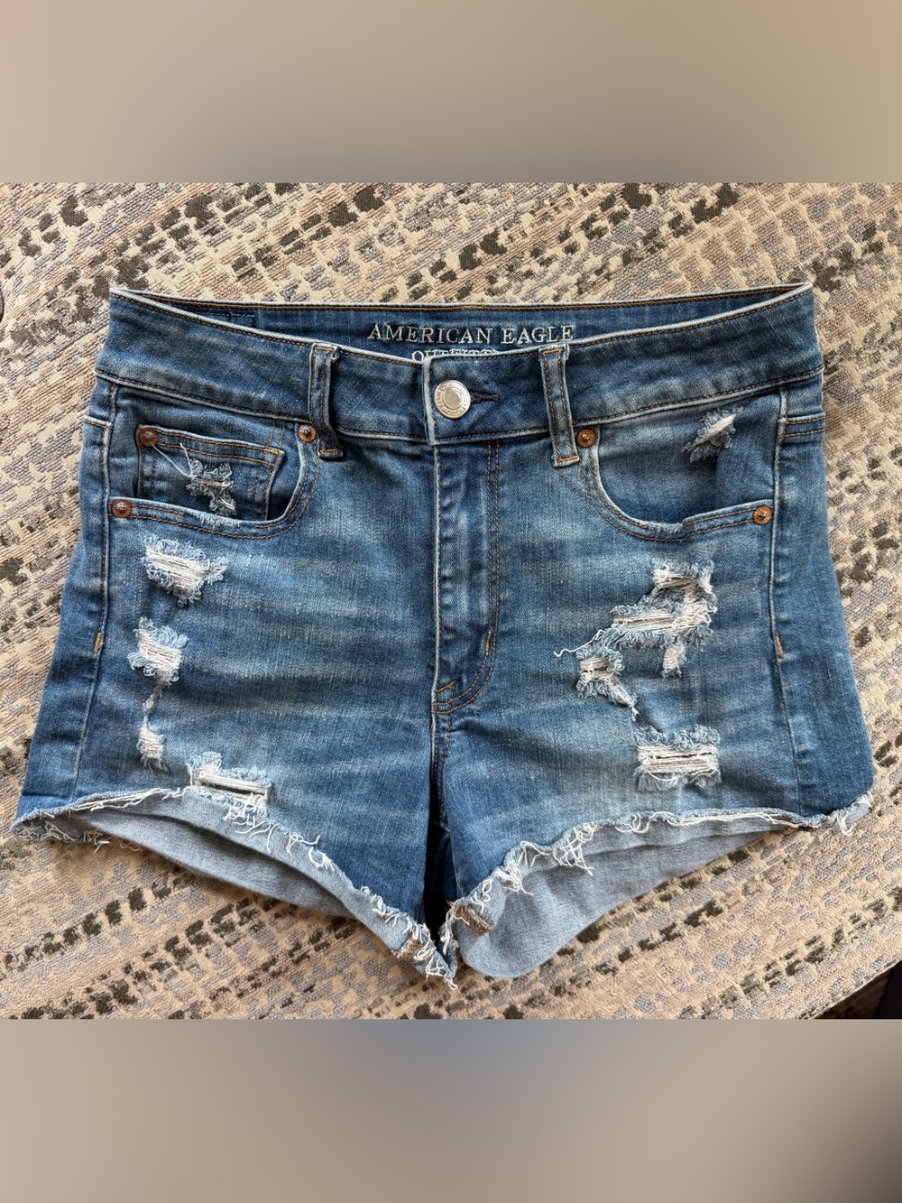American Eagle High Rise Shortie Distressed Blue Denim Cutoff Shorts